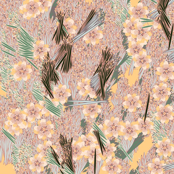 A decorative floral pattern featuring pale yellow and pink flowers with green leaves and dark foliage on a textured background.