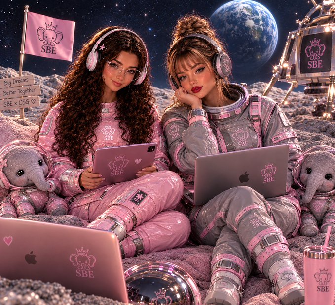 Two young women in pink and silver astronaut suits with 'SBE' logos and crown elephant emblems sit on a lunar-like surface holding laptops, with a flag reading 'SBE', a sign saying 'Big Dreams Better Together SBE x CSG', plush elephants, and Earth visible in the background.