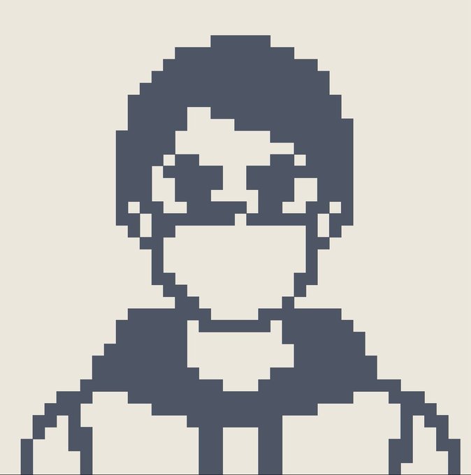 A minimalist pixel-art style portrait of a person wearing sunglasses, rendered in dark blue and white blocks against a cream background.