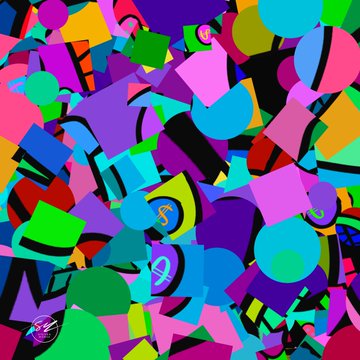 A chaotic, colorful digital artwork composed of overlapping abstract geometric shapes in bright pinks, greens, blues, yellows, and purples.
