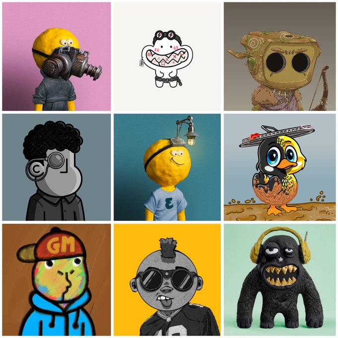 A 3x3 grid of quirky AI-generated cartoon characters including figures with cameras, masks, mohawks, headphones, and various abstract features.