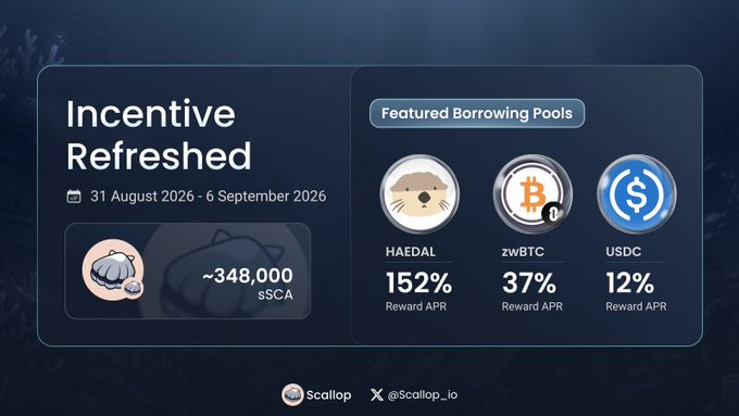 A Scallop DeFi platform promotional graphic titled 'Incentive Refreshed' (31 August - 6 September 2026) offering ~348,000 sSCA, featuring borrowing pools for HAEDAL (152% APR), zwBTC (37% APR), and USDC (12% APR).