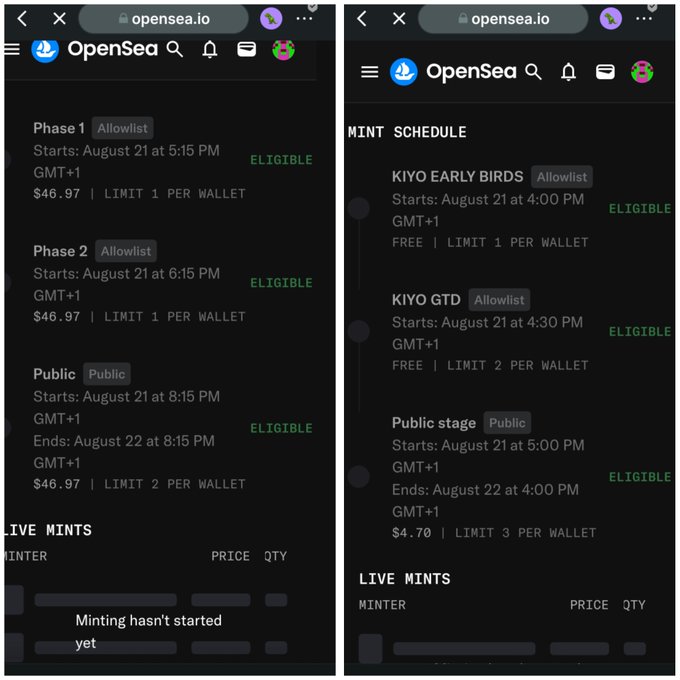 The image displays two OpenSea mint schedule screenshots on opensea.io showing tiered mint phases for two NFTs—Rektguy with priced allowlist/public phases at $46.97 and Kiyo NFT with free early bird/GTD allowlist phases plus a $4.70 public stage, all marked "ELIGIBLE" for August 21-22. This visually confirms the post's mention of minting both projects that day, with Rektguy's price having risen to ~$47 due to ETH pumping, while Kiyo's free allowlist mint and additional WL from @SuitsOnHood justify the user's participation.