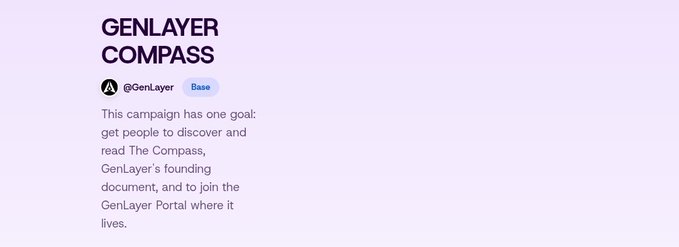 The image shows an introduction to "GENLAYER COMPASS" (@GenLayer), a Base-branded campaign page stating: "This campaign has one goal: get people to discover and read The Compass, GenLayer's founding document, and to join the GenLayer Portal where it lives."

The image does not appear to directly relate to the post's text about decision-making and disagreement in systems, as it simply promotes GenLayer's campaign page without illustrating or referencing these concepts.