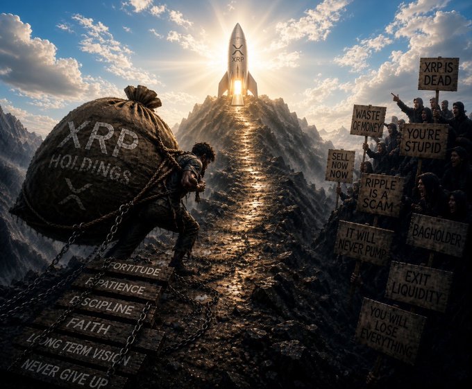 An AI-generated motivational image of a person climbing a mountain carrying a heavy sack labeled "XRP HOLDINGS" toward a rocket labeled "XRP", with motivational steps ("Fortitude, Patience, Discipline, Faith") and protesters holding negative signs like "XRP IS DEAD" and "RIPPLE IS A SCAM".