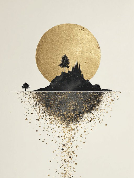 A minimalist illustration features a large gold circle resembling a sun or moon behind a black silhouette of a rocky island with trees, dissolving into scattered gold and black particles below.