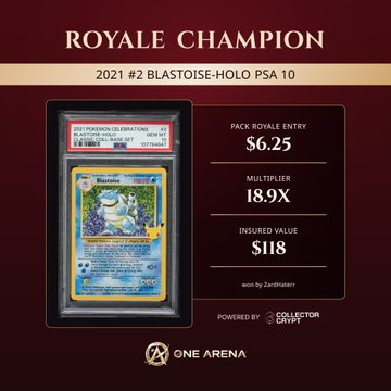 A digital display titled 'ROYALE CHAMPION' featuring a 2021 #2 BLASTOISE-HOLO PSA 10 Pokemon card. Details include a Pack Royale Entry of $6.25, an 18.9X multiplier, and an Insured Value of $118 from One Arena.