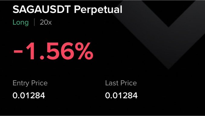 The image displays a SAGausdt Perpetual trade with a "Long" position at a 20x leverage, showing an entry and last price of 0.01284, with a current loss of -1.56%. This confirms the trade details mentioned in the accompanying post.