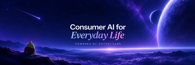 A cosmic-themed banner featuring a hooded figure gazing at a planet and shooting star, displaying the text "Consumer AI for Everyday Life — Powered by Gotchi Labs," visually representing the branding transition from $SLEEP to the broader $CHI ecosystem under Gotchi Labs' expanding consumer AI vision.