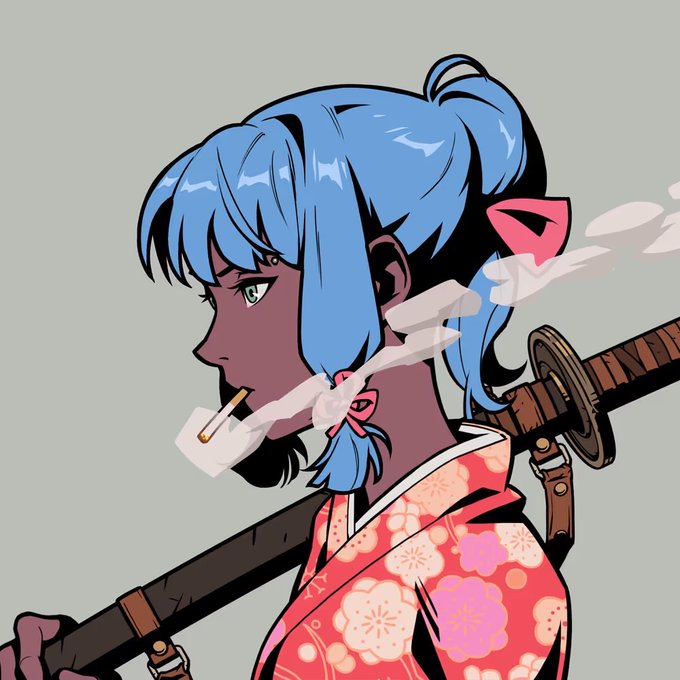 A stylized digital illustration of a blue-haired anime character in profile, smoking a cigarette while wearing a pink and red floral kimono and carrying a katana on their back.