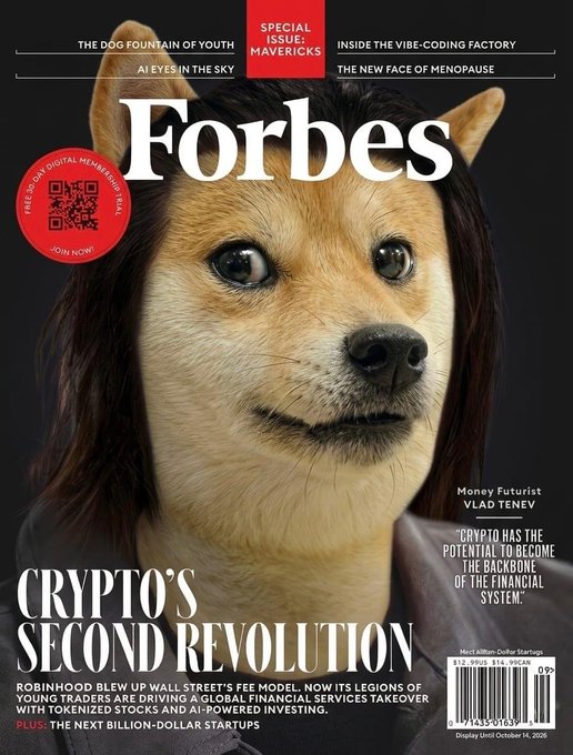 Forbes magazine cover featuring a Shiba Inu dog (Doge meme) with the headline 'CRYPTO'S SECOND REVOLUTION,' highlighting Money Futurist Vlad Tenev's quote about crypto's potential, and a special issue on Mavericks dated October 16, 2026.