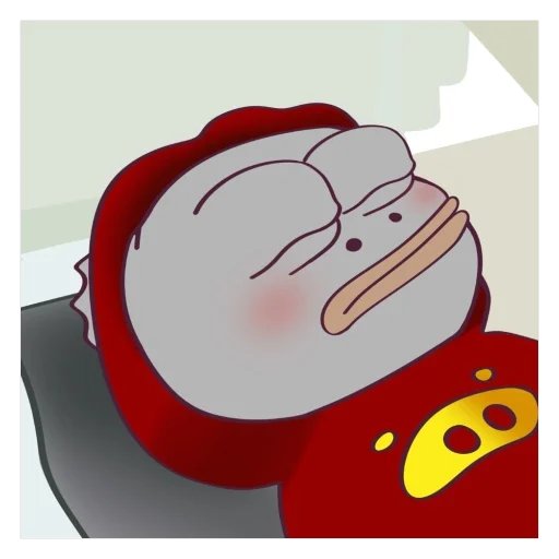 A cartoon illustration of a chubby character with a duck bill wearing a red hooded outfit with cheese patterns, eyes closed and blushing.