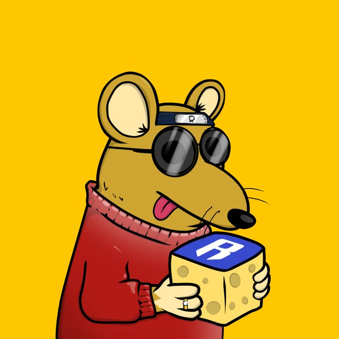 Cartoon illustration of a mouse character wearing round black sunglasses, a red sweater, and holding a block with the 'R' logo on a yellow background.