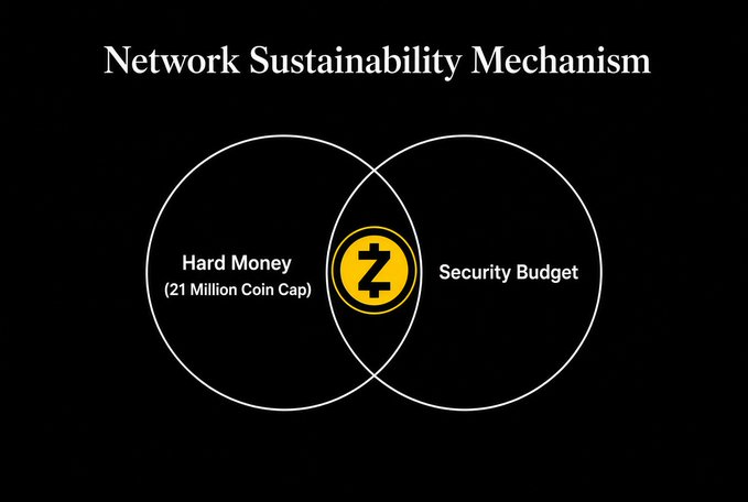 A diagram titled “Network Sustainability Mechanism” shows overlapping circles labeled “Hard Money (21 Million Coin Cap)” and “Security Budget,” with a yellow XRP-style logo in the intersection.