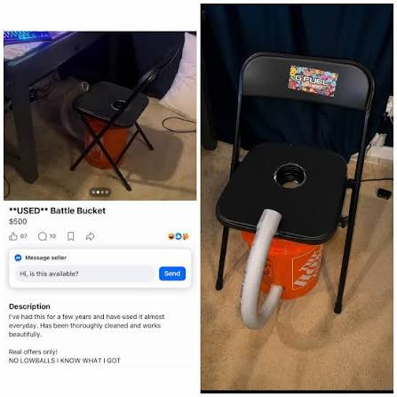A Facebook Marketplace listing shows a used portable toilet chair called the 'Battle Bucket' priced at $500, with two cats sitting inside the bucket in the photo.