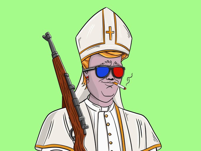 An illustrated character wearing a Pope's mitre and robes, with a rifle slung over the shoulder, 3D glasses, and a cigarette in his mouth, set against a green background.
