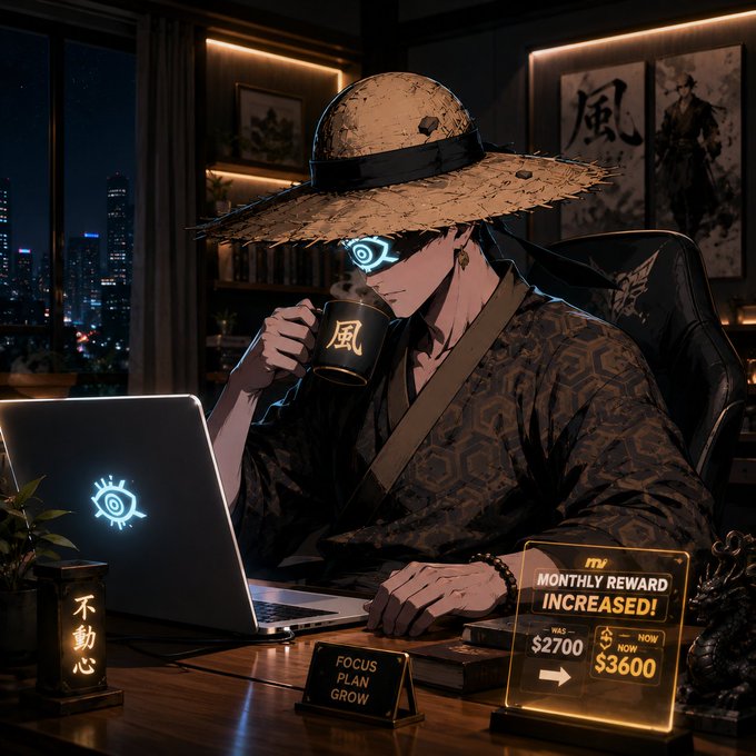 The image features a man sitting at a desk with a laptop computer open in front of him. He is wearing a straw hat and holding a coffee cup while working or browsing the internet. The background shows an office setting, which could be a home office or a workspace within a company. There are also several books scattered around the room, suggesting that he might be engaged in research or studying related to his work or interests.