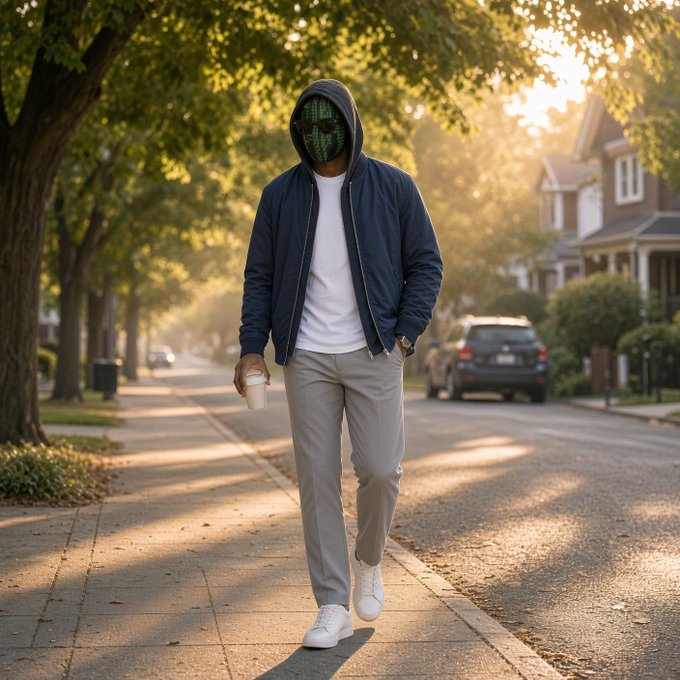 A person walking down a tree-lined sidewalk wearing a blue jacket, gray pants, white sneakers, and a green digital mask, while holding a cup.