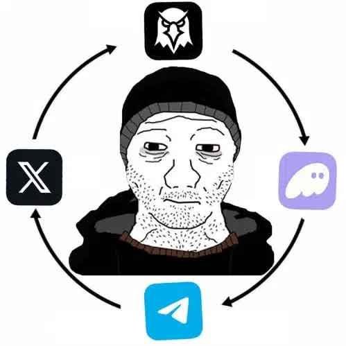 Wojak meme illustration surrounded by circular arrows connecting platform icons including X, Discord, Telegram, and a wolf logo.
