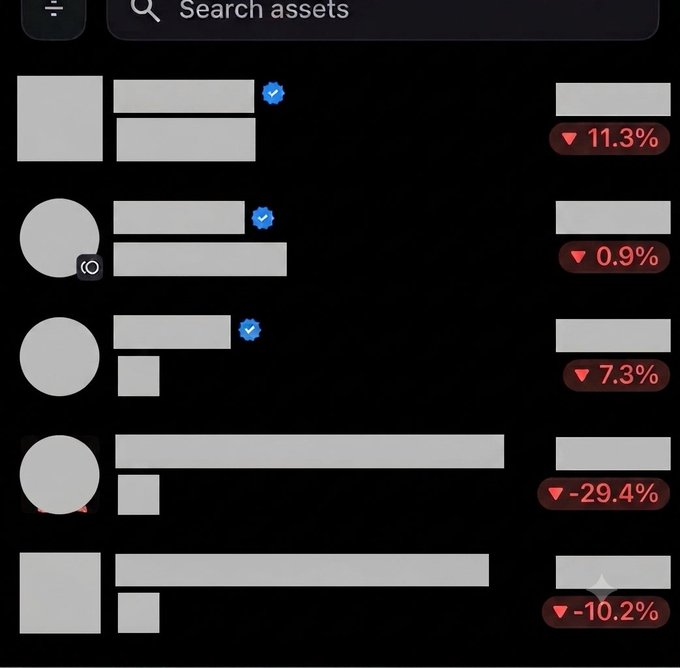 Dark-mode list view of a cryptocurrency assets screen with placeholder UI elements, showing percentage declines including 11.3%, 0.9%, 7.3%, -29.4%, and -10.2%.