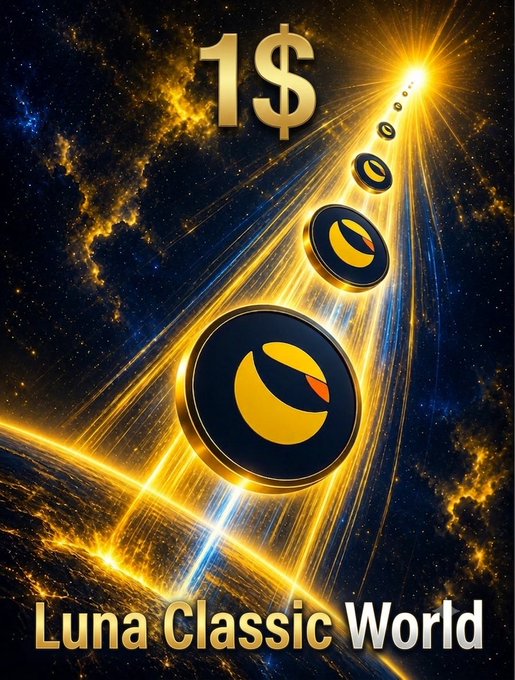 A cosmic-themed graphic features a trail of "Luna Classic" branded coins shooting through a starry golden nebula toward a bright light, with the text "1$" prominently displayed at the top and "Luna Classic World" at the bottom, symbolizing the $LUNC community's aspirations for the cryptocurrency to reach a $1 valuation.