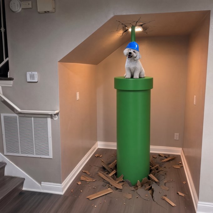 A white dog wearing a blue construction helmet sits atop a large green pipe that has crashed through the ceiling of a home, scattering debris on the wooden floor.