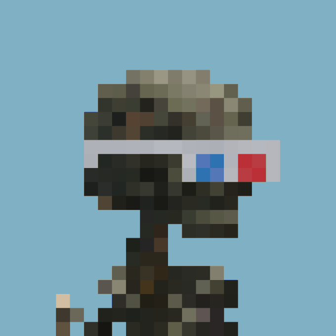 A pixel art character with a dark green/brown pixelated body wearing white shutter shades with blue and red lenses, set against a light blue background.