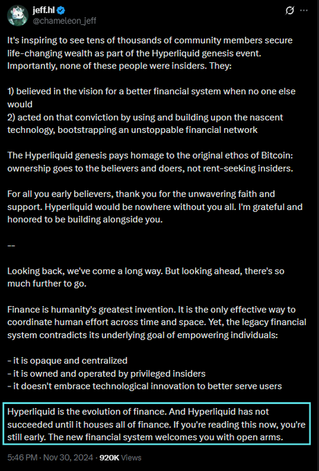 A tweet from @chameleon_jeff dated November 30, 2024 announcing the Hyperliquid genesis event to thousands of community members, with the highlighted closing line declaring "Hyperliquid is the evolution of finance. And Hyperliquid has not succeeded until it houses all of finance. If you're reading this now, you're still early"—a statement now interpreted as foreshadowing Season 3.