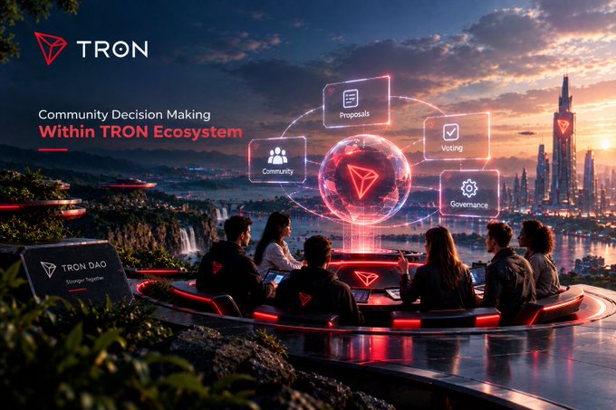 A promotional graphic for the TRON blockchain network highlights 'Community Decision Making Within TRON Ecosystem', showing a group of people around a futuristic table with icons for 'Community', 'Proposals', 'Voting', and 'Governance'.