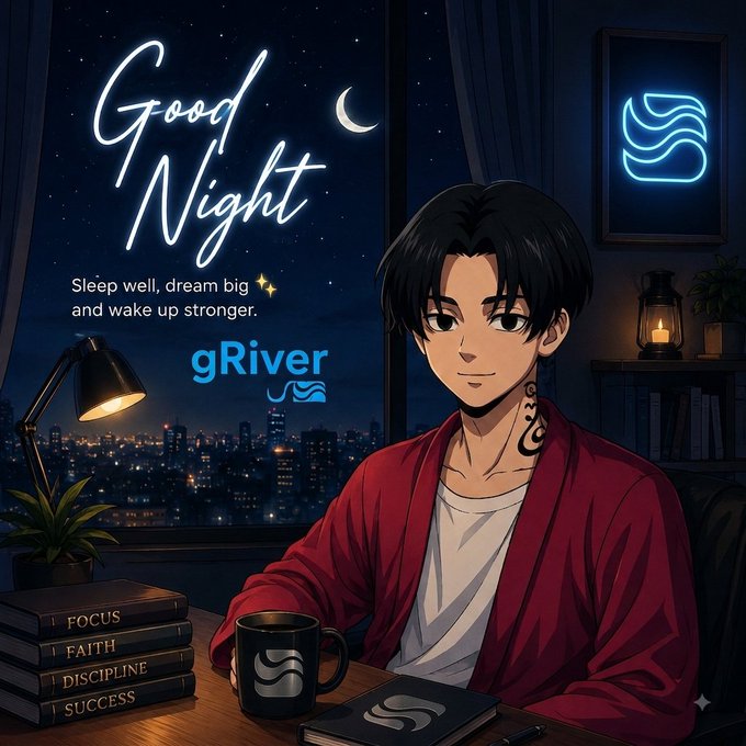 An anime-style digital illustration with 'Good Night' text and 'Sleep well, dream big and wake up stronger' message, featuring a young man in a red robe with a branded mug, books labeled 'FOCUS, FAITH, DISCIPLINE, SUCCESS,' and 'gRiver' logo in a cozy nighttime setting.