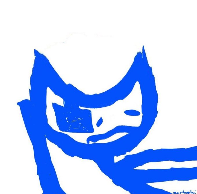 A blue, brushstroke-style drawing of a stylized cat-like creature with pointed ears and a long tail, captioned "gmfers -" in the bottom right, with the post "gmfers -'" suggesting a casual expression of agreement or acknowledgment.