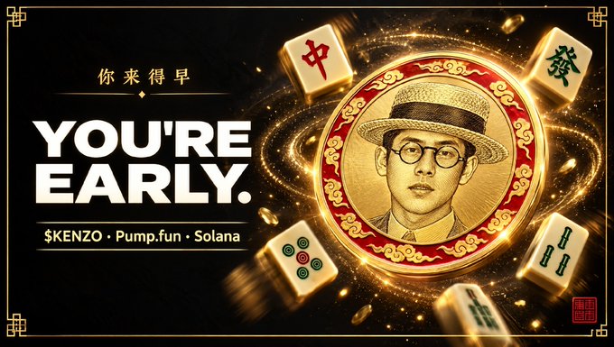 A gold-embossed promotional banner featuring a portrait of a man in a straw hat and glasses, surrounded by floating mahjong tiles, displays the bold text "YOU'RE EARLY" alongside the phrase "你来得早" and the tickers "$KENZO • Pump.fun • Solana," visually reinforcing the post's urgency about the final hours to join the early bird list before $Kenzo's official launch.