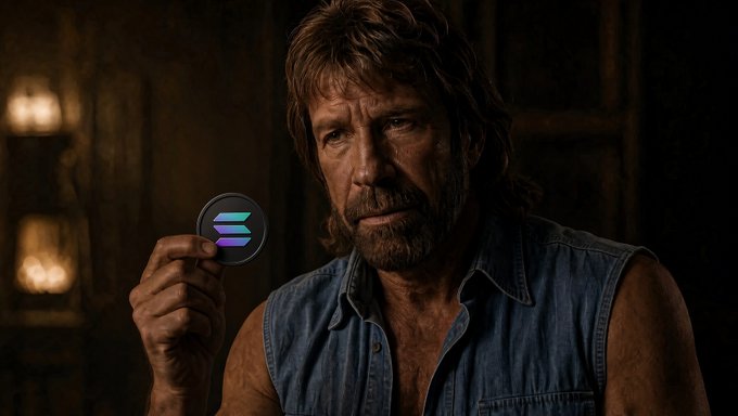 A rugged bearded man in a denim vest holding up a black Solana (SOL) cryptocurrency coin against a dimly lit background.
