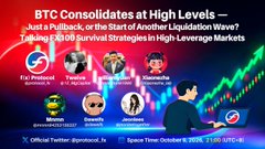A promotional thumbnail for a Space Time event titled 'BTC Consolidates at High Levels – Part a Pullback, or the Start of Another Liquidation Wave? Taking £100k Survival Strategies in High Leverage Markets', featuring several speakers and a rising green chart.