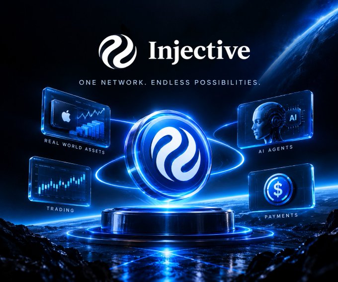 A promotional graphic for Injective blockchain with the tagline 'ONE NETWORK. ENDLESS POSSIBILITIES,' featuring interconnected modules for Real World Assets, Trading, AI Agents, and Payments.