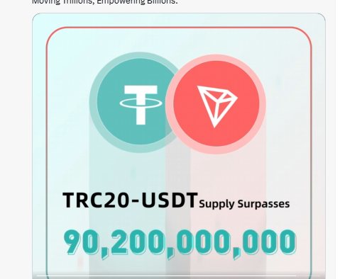 The image features the Tether (USDT) and TRON logos above text reading "TRC20-USDT Supply Surpasses 90,200,000,000," visually commemorating the milestone mentioned in the post of TRON's TRC20-USDT supply exceeding $90 billion as a sign of sustained real-world usage.