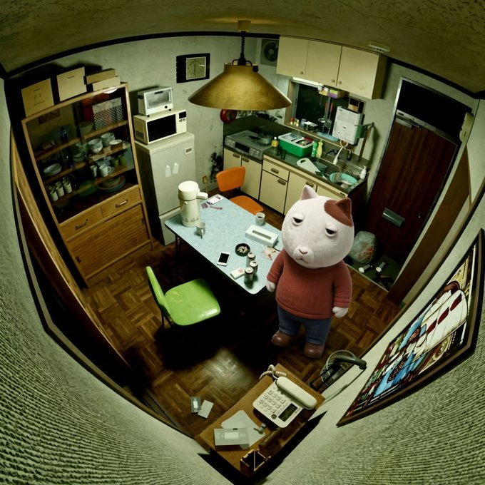 A wide-angle, fisheye view captures a dimly lit, cluttered kitchen with parquet floors, where a humanoid cat figure wearing a red sweater stands beside a table scattered with dishes, cups, and a coffee maker. A vintage corded telephone, a microwave, and assorted boxes fill the surrounding space, perfectly embodying the playful "let him cook" sentiment as the feline prepares to unleash culinary chaos.