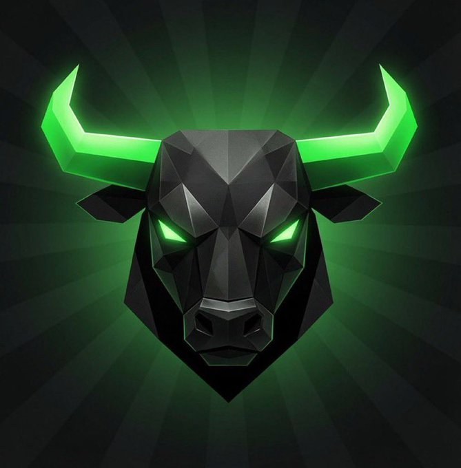A digital illustration of a low-poly bull's head with glowing green horns and eyes against a dark background with green sunburst rays.