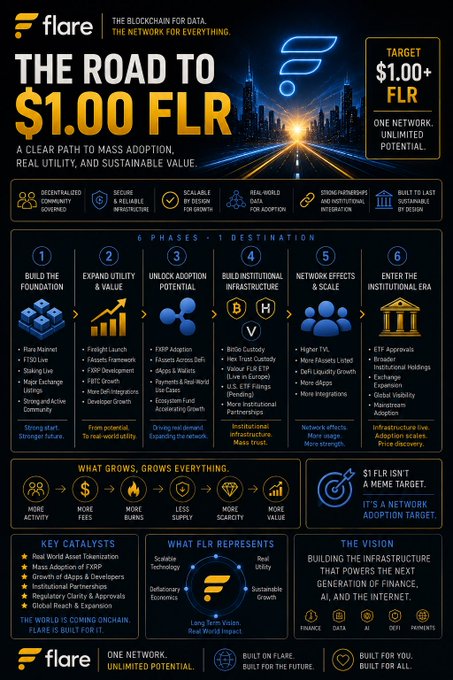 The image shows a screenshot of a webpage, possibly created for a company named Flare that offers financial solutions like ETFs or mutual funds. The webpage has an infographic explaining the journey of $1FLR from its creation through to becoming an ETF. It depicts the process from infrastructure development and utility usage to adoption by institutional investors, followed by potential market shocks that could cause fluctuations in its value. The infographic also highlights how the foundation for such solutions is already being built, as suggested by the phrase "Focus on what is in the image and how it relates to the post".