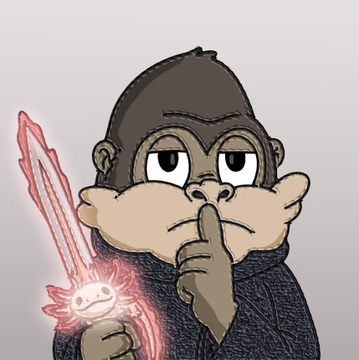 A cartoonish gorilla-like character in a dark hood places a finger to its lips in a shushing gesture while holding a small creature enveloped in red energy.
