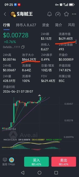 The image shows a cryptocurrency trading screen for token "$海贼王" priced at $0.00728 with a 24h change of +0.76%, notably highlighting a large pool size of $864.39万 (8.64M) that exceeds the circulating market cap of $629.48万 (6.29M), directly addressing the post's concern about whether such a token with a larger liquidity pool than market cap is safe to hold.