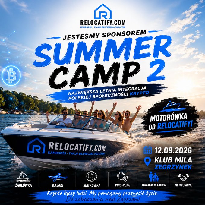 A promotional poster for 'Summer Camp 2' sponsored by RELOCATIFY.COM, dated 12.09.2026 at Klub Mila Zegrzynek, advertising activities like kayaking, volleyball, and ping-pong.