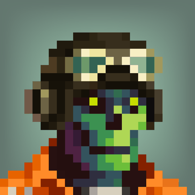 A pixel art portrait of a figure with a beard wearing goggles and an orange jacket, rendered in blocky pixelated style against a teal background.