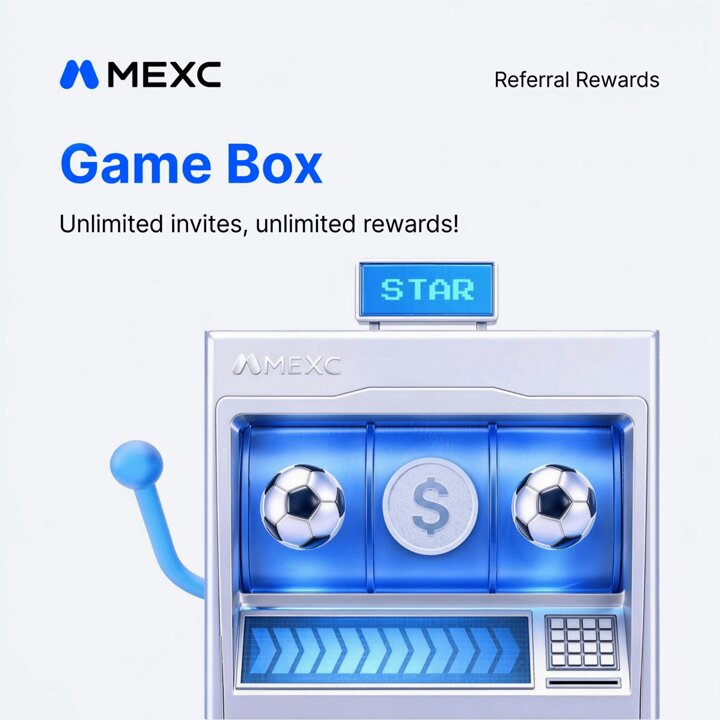The image features a blue and silver slot machine with three soccer balls, one of which has a dollar sign on it. The text above the slot machine reads "MEXC Game Box", indicating that this is an advertisement for a game box. The slot machine also displays a message about a reward system called "Star" where players can earn up to 50 US dollars in rewards by inviting friends and stacking rewards.