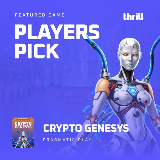 A promotional graphic for the "Crypto Genesys" slot game by Pragmatic Play, featuring a "Players Pick" Featured Game badge from Thrill and a futuristic female android character against a blue sci-fi backdrop, highlighting the game's tumble features, multipliers up to 1,000x, and 15,000x max win potential.