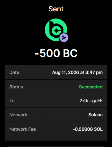 A mobile wallet confirmation screen showing a sent transaction of -500 BC to address 27dr...goFF on the Solana network, with the transaction succeeded on Aug 11, 2026 at 3:47 pm with a network fee of ~0.00008 SOL.