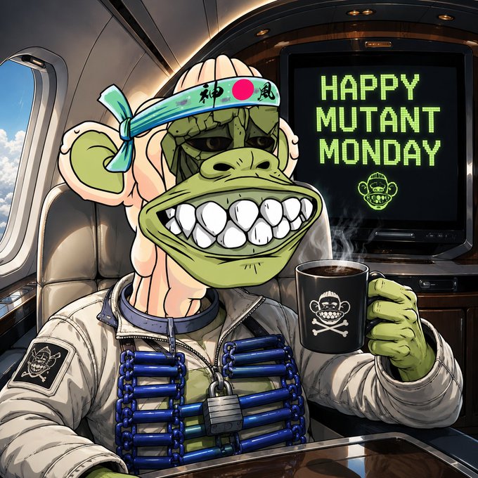 A digital illustration of a Bored Ape-style mutant monkey in a bathrobe and Japanese headband, holding a skull-logo mug, with a screen displaying 'HAPPY MUTANT MONDAY.'