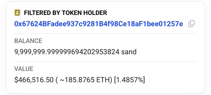 A blockchain display showing a token holder address 0x67624BFadee937c9281B4f98Ce18aF1bee01257e with a balance of 9,999,999.99999694202953824 sand tokens valued at $466,516.50 (~185.8765 ETH).