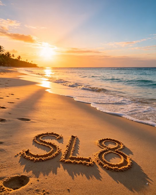 A picturesque beach at sunset with gentle waves rolling onto the shore, where the letters "SL8" are written into the wet sand in the foreground.