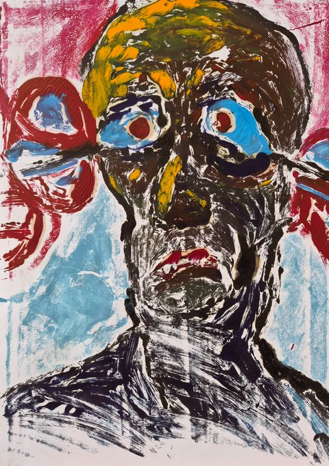 A raw, expressive portrait painting of a face with striking blue and red eyes, rendered in thick, textured strokes of blue, brown, yellow, and red.